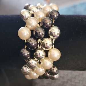 Elegant Faux Pearl, Black & Silver Beaded Stretch Bracelet